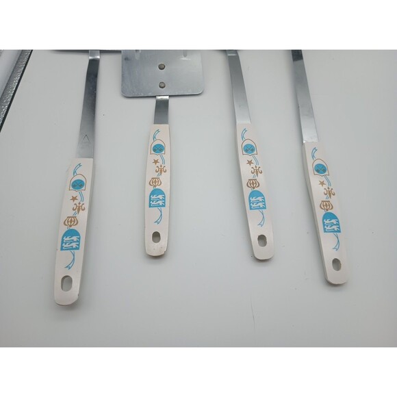 Vtg Stainless Steel Kitchen Utensils Short Spatula Slotted Spoon Blue Gold Crown - Picture 12 of 13